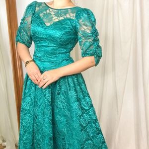 Vintage 80s Teal Lace Puff Sleeve Prom Dress